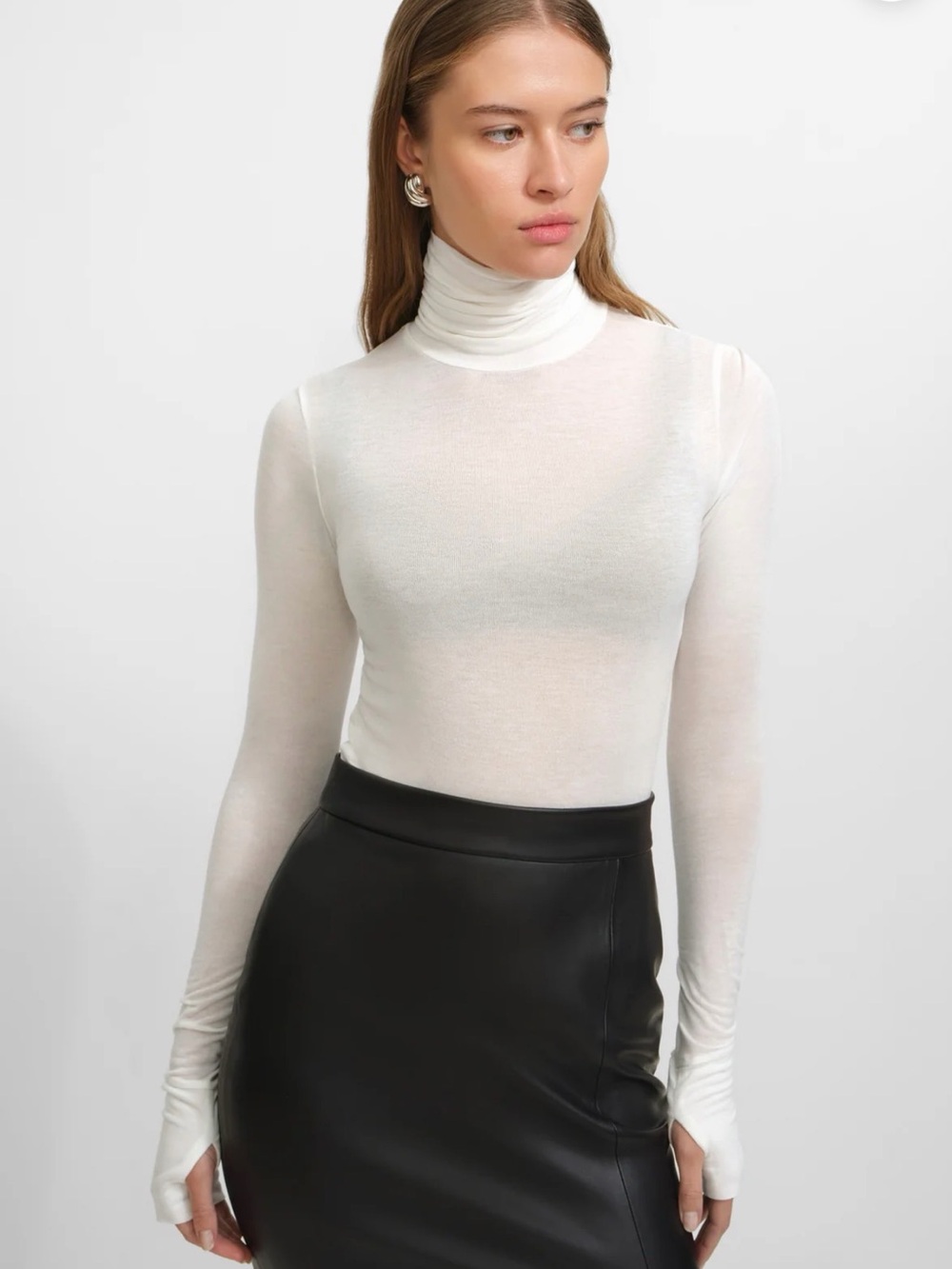 Marcella NYC Eloise Lightweight White Sheer Turtleneck Long-Sleeve Top